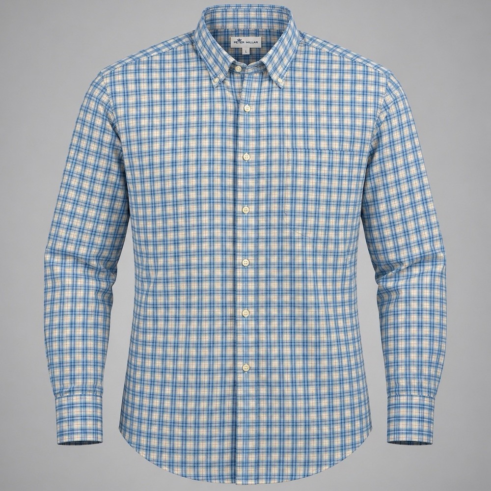 Peter Miller Summer Comfort Performance Long Sleeve Blue Plaid Shirt Men's XL